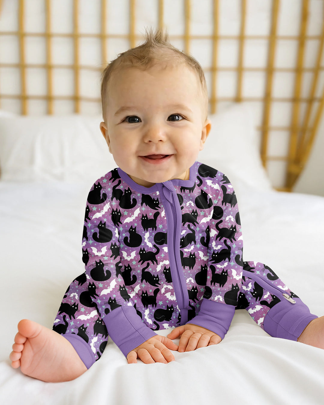 Spooky Black Cat Halloween Purple Bats Bamboo Convertible Zippy