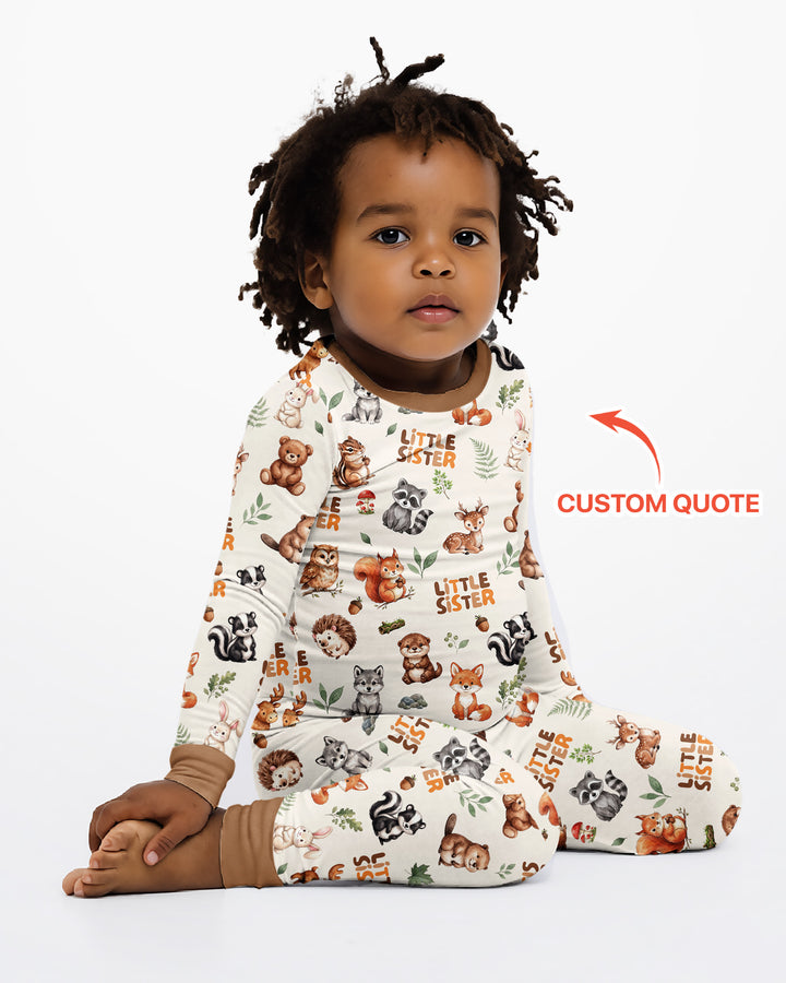 Custom Quote Woodland Animal Matching Sibling Bamboo Two Piece Long Sleeve Pajama Set