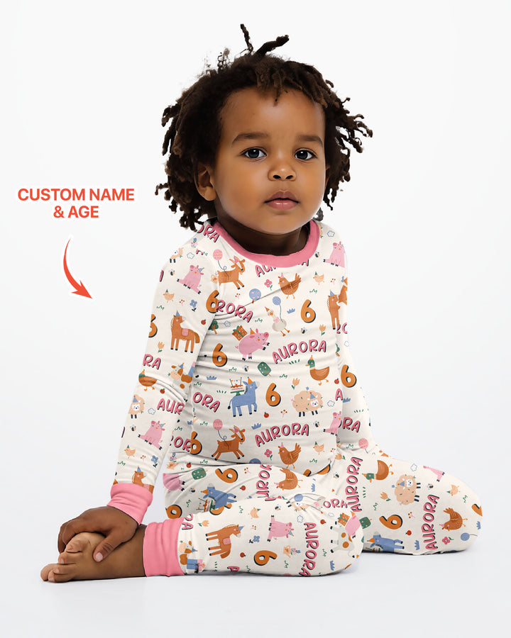 Personalized Farm Animals Birthday Bamboo Two Piece Long Sleeve Pajama Set