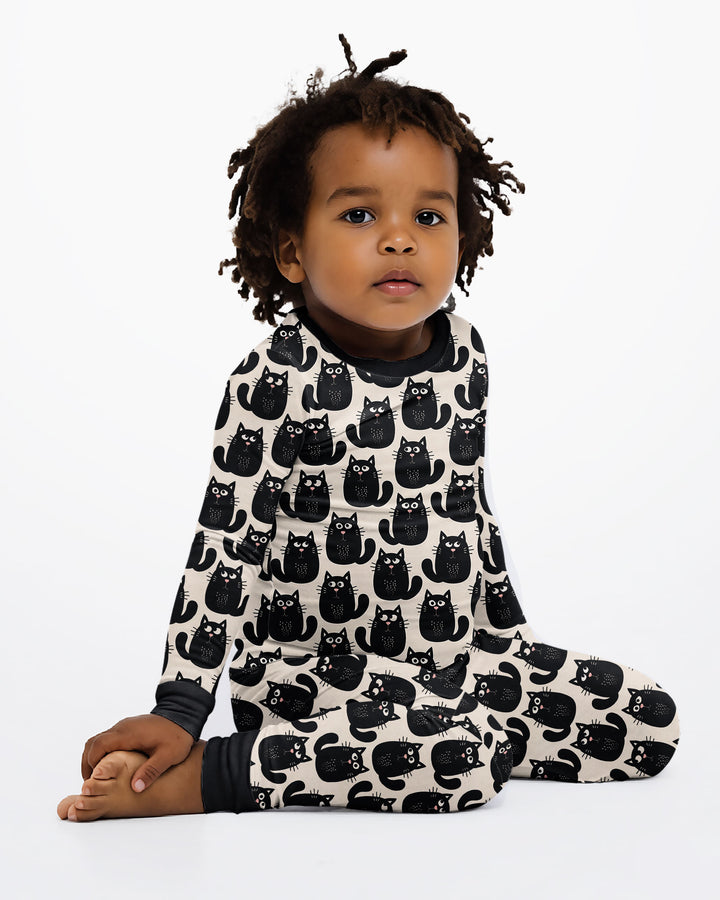 Moody Black Cats in Black and White Bamboo Two Piece Long Sleeve Pajama Set
