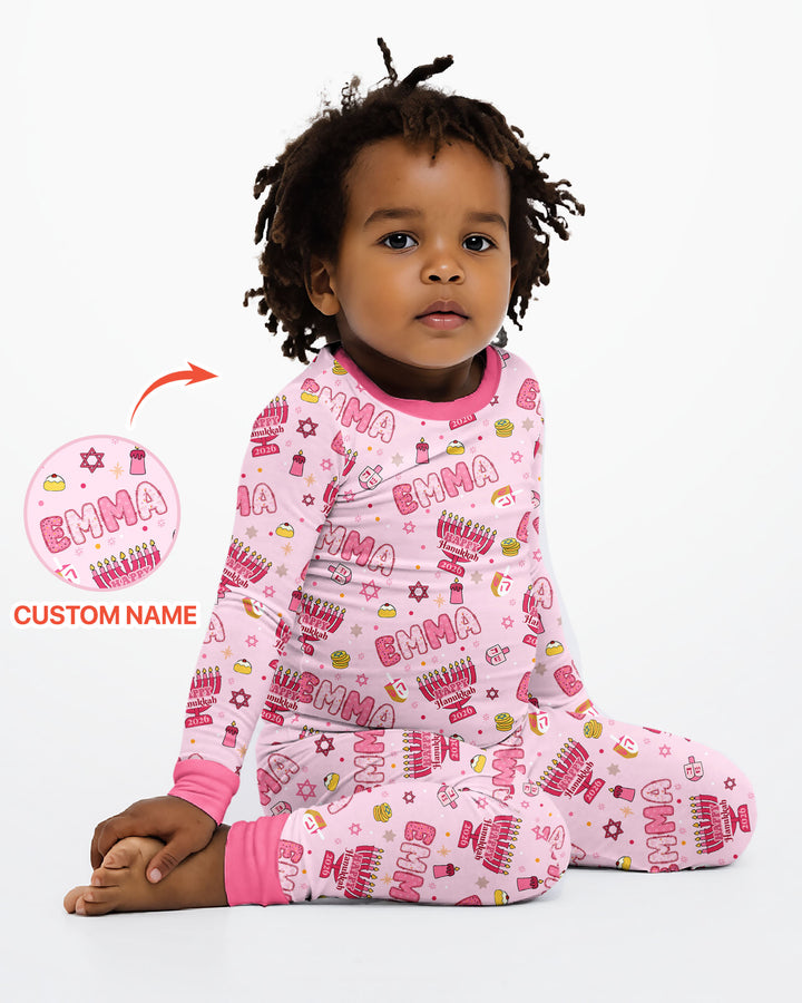 Custom name Happy Hanukkah 2026 Bamboo Two Piece Long Sleeve Pajama Set