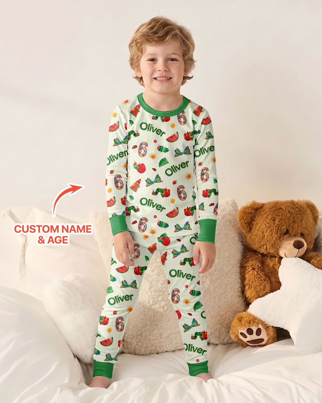 Custom Name and Age Birthday Of Very Hungry Caterpillar Bamboo Two Piece Long Sleeve Pajama Set