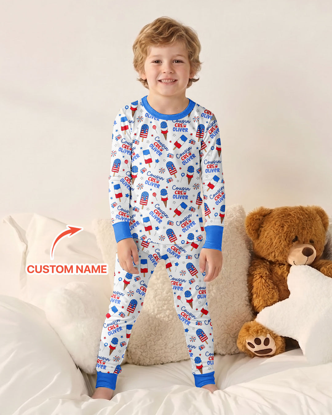Custom Name 4th of July Cousin Crew Bamboo Two Piece Long Sleeve Pajama Set
