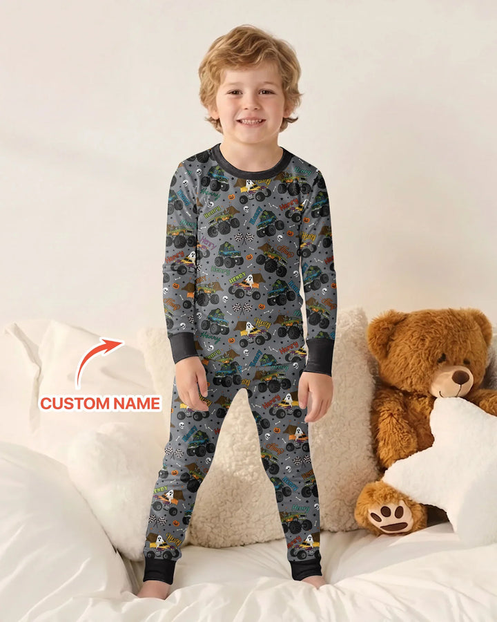 Custom Name Halloween Creepy Crusher Family Matching Bamboo Two Piece Long Sleeve Pajama Set