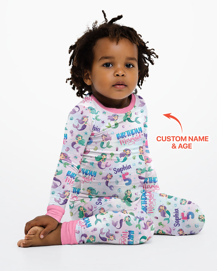 Custom Name and Age Birthday Mermaid Bamboo Two Piece Long Sleeve Pajama Set