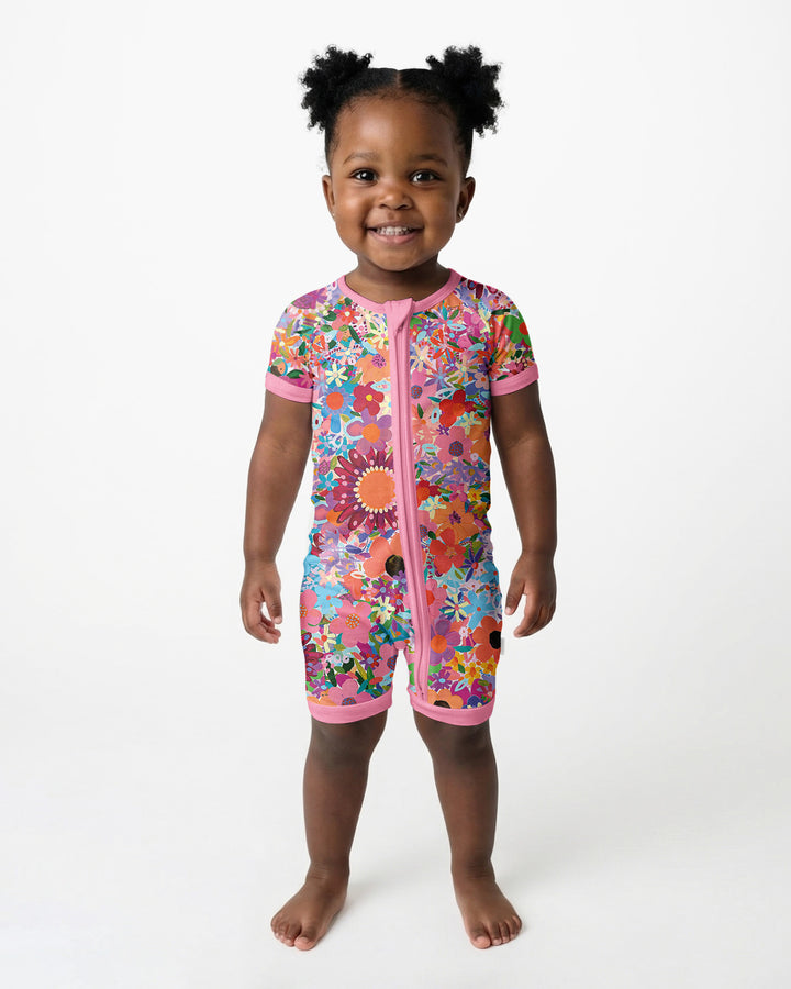 Rainbow Blooms Bamboo Shorty Zippered Romper