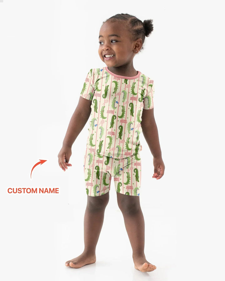 Custom Name Tennis Crocodiles Bamboo Two Piece Short Sleeve Shorts Pajama Set