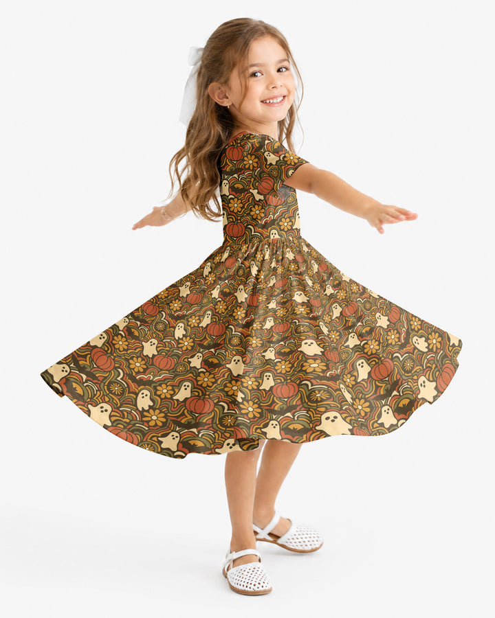 Retro Halloween Ghost Pumpkin Floral Bamboo Twirl Dress
