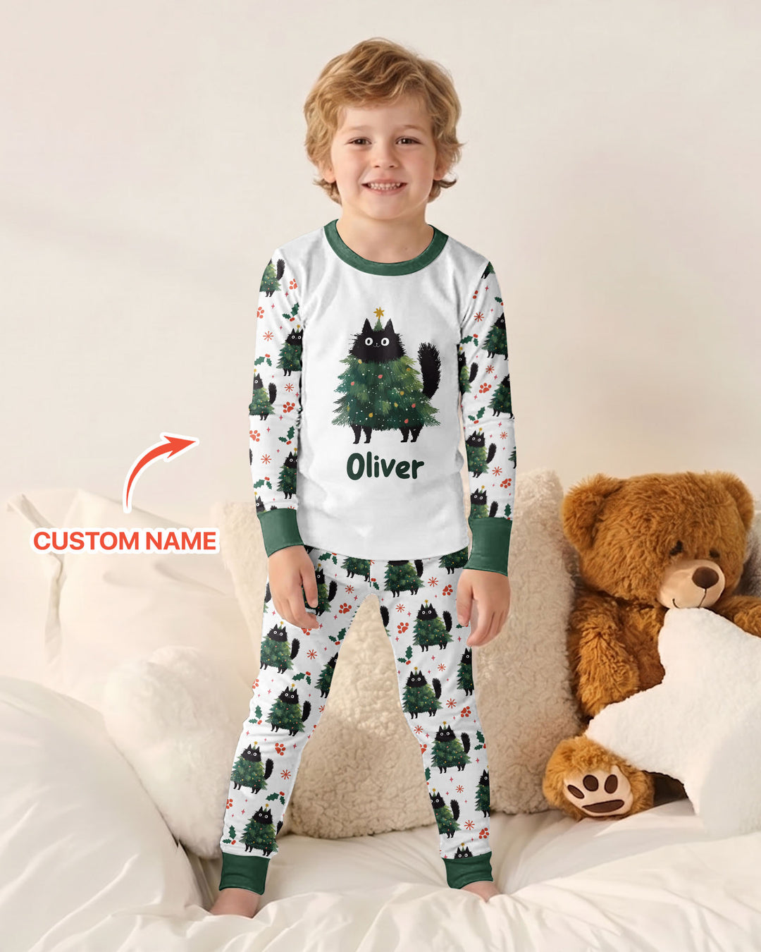 Custom Name Black Cat Christmas Bamboo Two Piece Long Sleeve Pajama Set