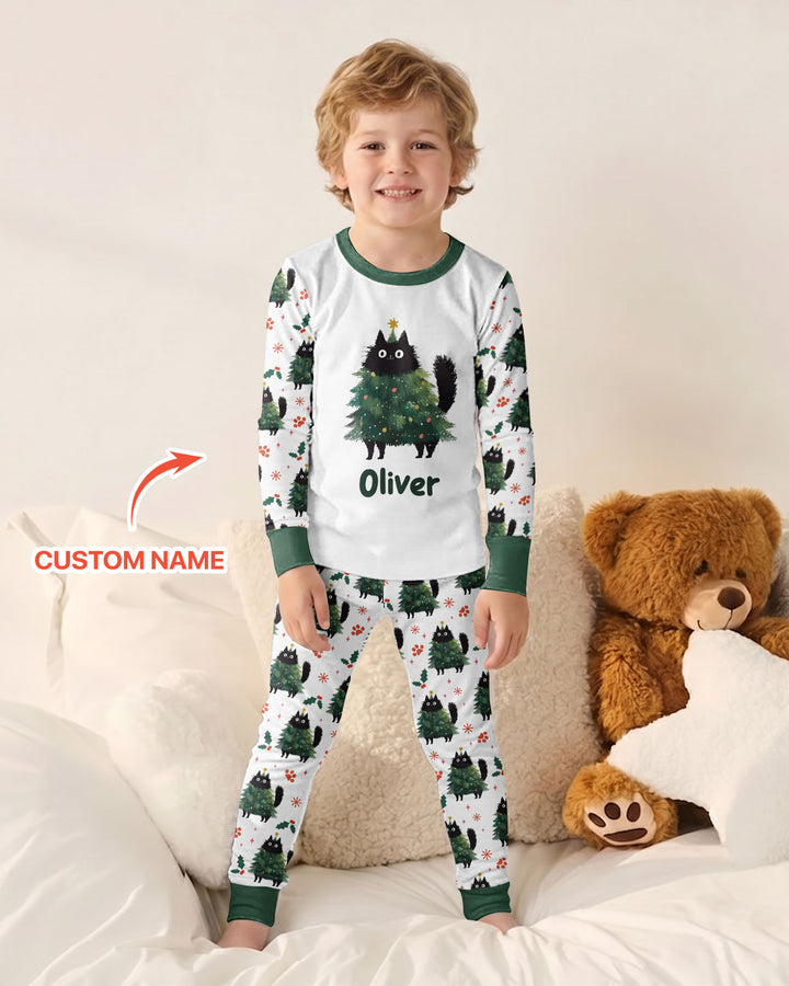 Custom Name Black Cat Christmas Bamboo Two Piece Long Sleeve Pajama Set