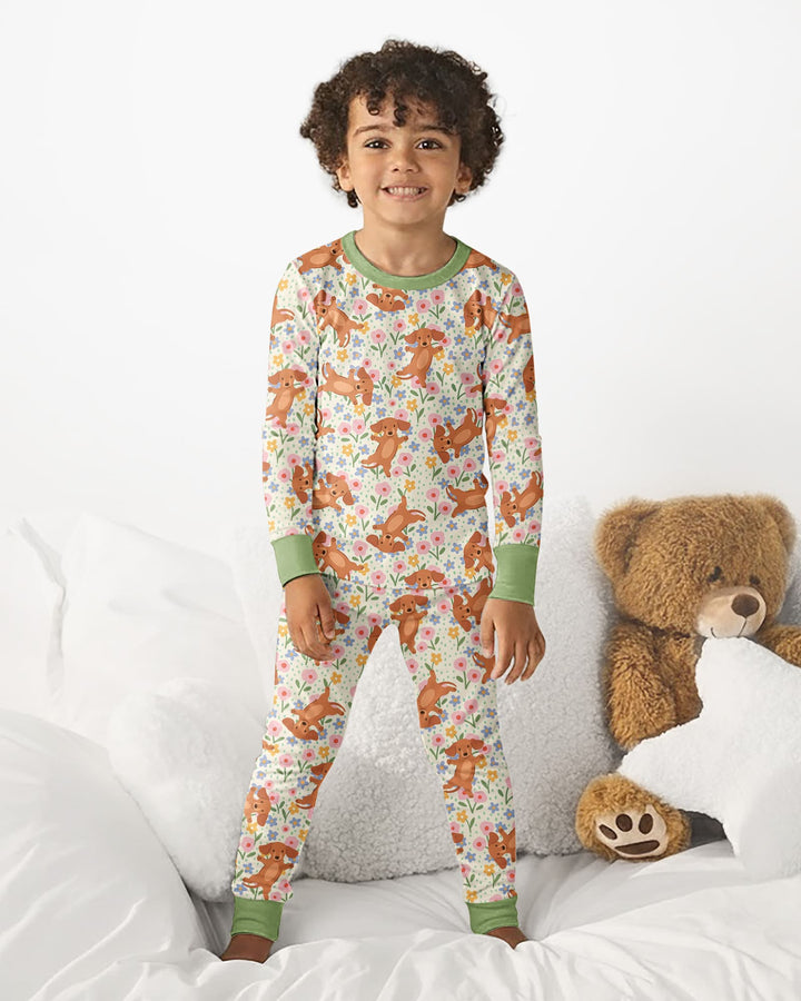 Dachshund Blooms Family Matching Bamboo Two Piece Long Sleeve Pajama Set