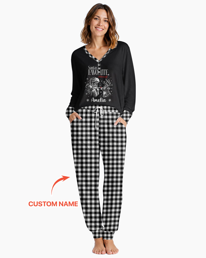 Custom Name Santa's Favorite Buffalo Plaid Bamboo Women Pajama Set