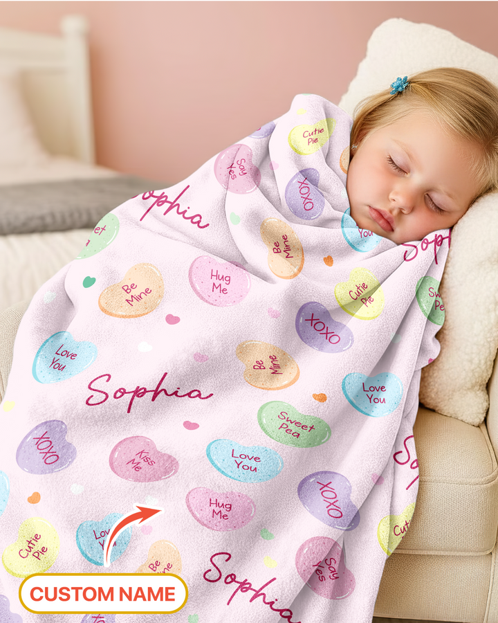 Custom Name Colorful Candy Hearts Family Matching Bamboo Blanket