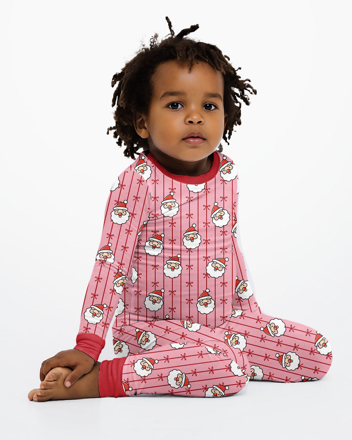 Pink Santa Bow Stripe Christmas Bamboo Two Piece Long Sleeve Pajama Set