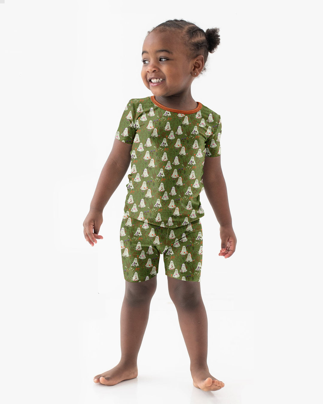 Cute Ghost Halloween Moss Green Floral Bamboo Two Piece Short Sleeve Shorts Pajama Set