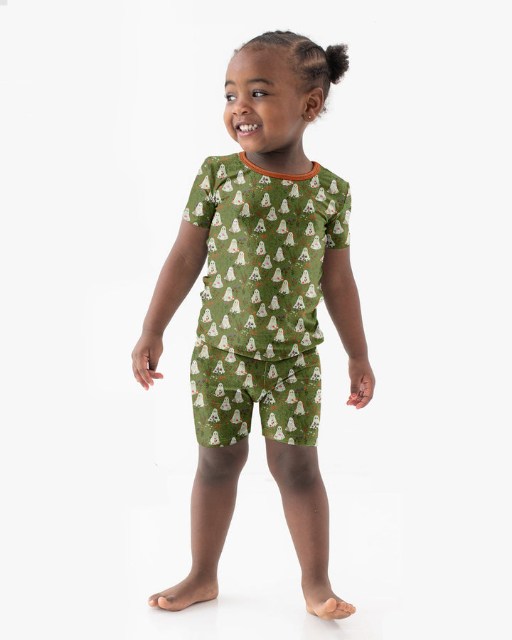 Cute Ghost Halloween Moss Green Floral Bamboo Two Piece Short Sleeve Shorts Pajama Set