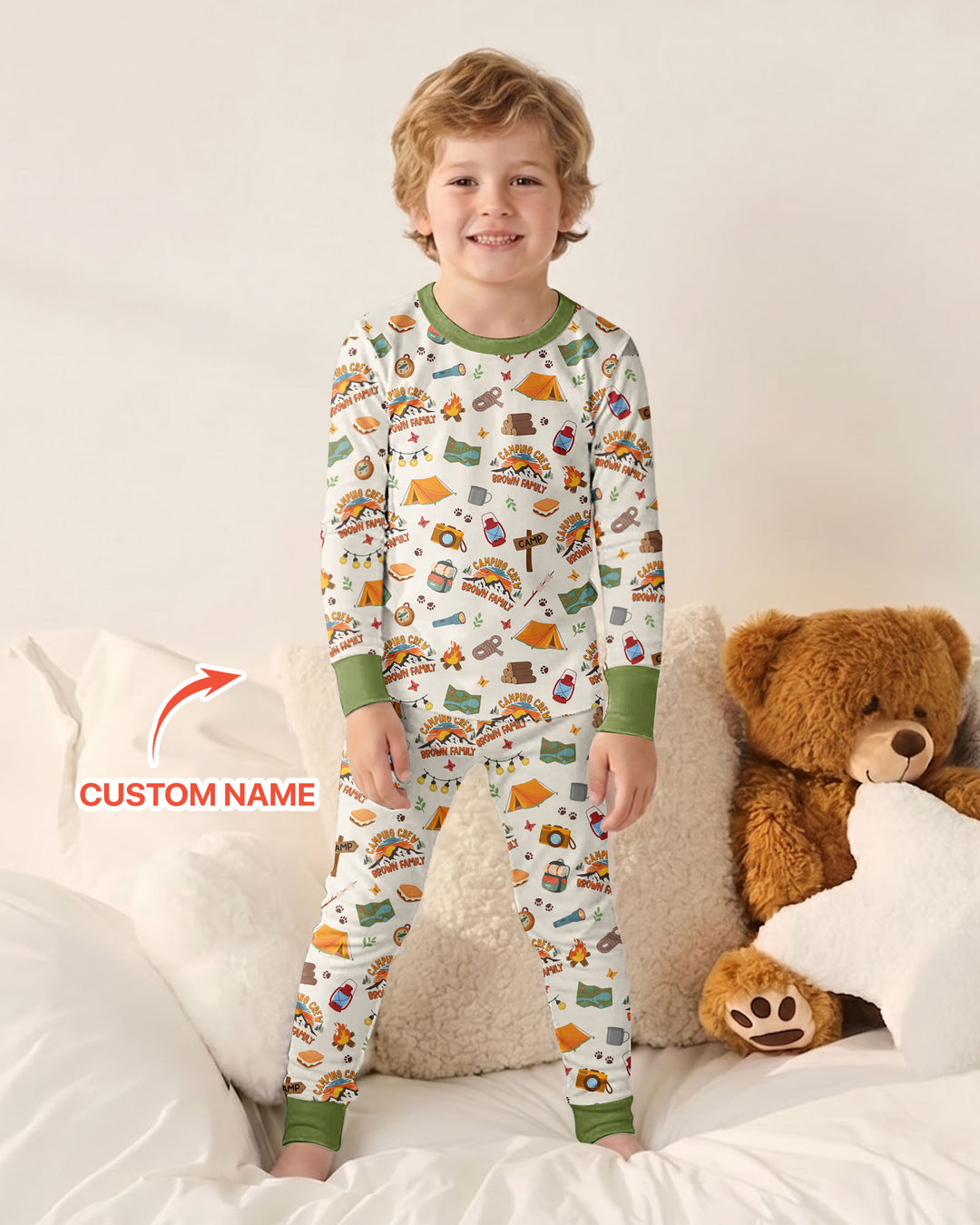 Custom Name Camping Crew Family Matching Bamboo Two Piece Long Sleeve Pajama Set