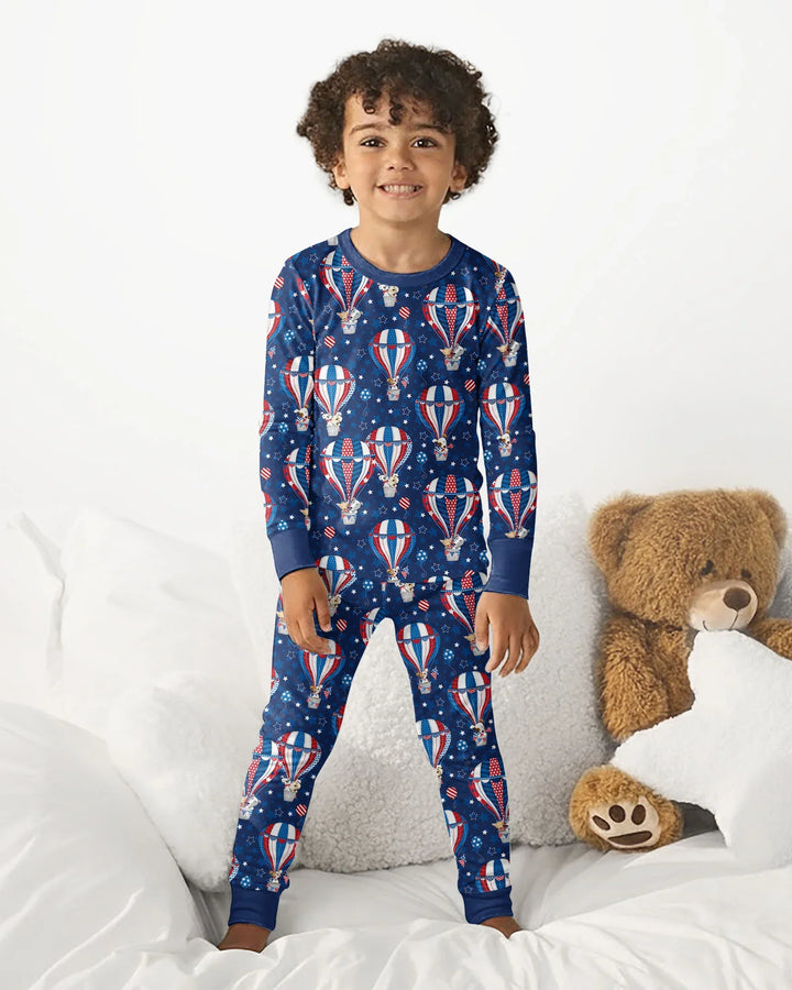 Patriotic Pups in Hot Air Balloons Family Matching Bamboo Two Piece Long Sleeve Pajama Set