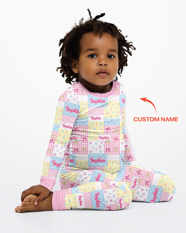 Custom Name Sweet Patchwork Bamboo Two Piece Long Sleeve Pajama Set