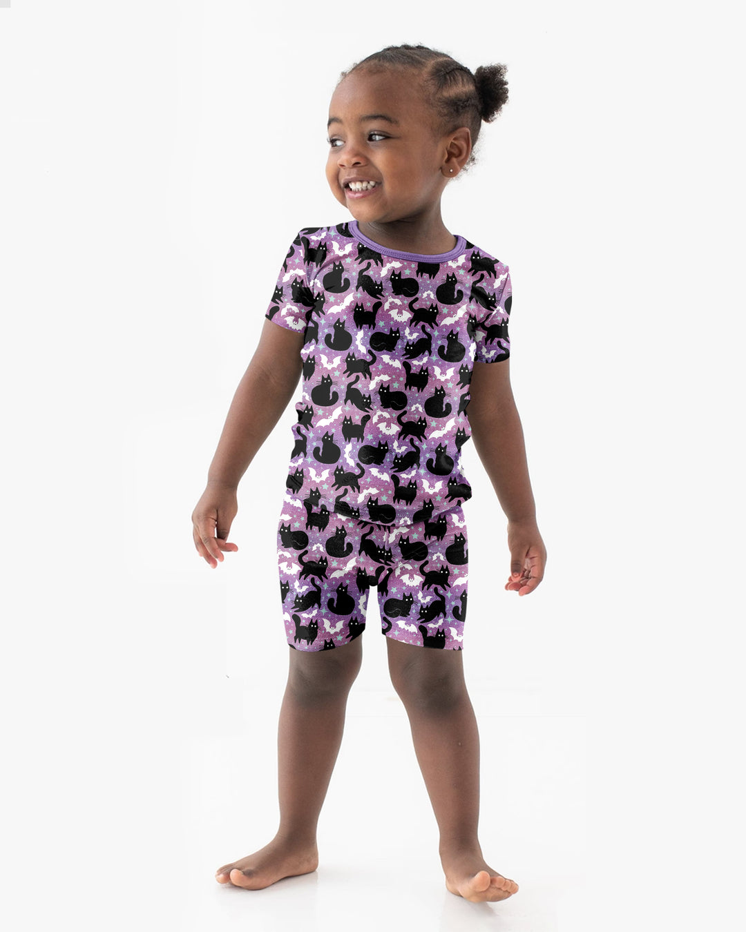 Spooky Black Cat Halloween Purple Bats Bamboo Two Piece Short Sleeve Shorts Pajama Set