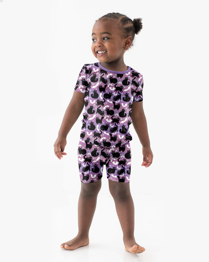 Spooky Black Cat Halloween Purple Bats Bamboo Two Piece Short Sleeve Shorts Pajama Set
