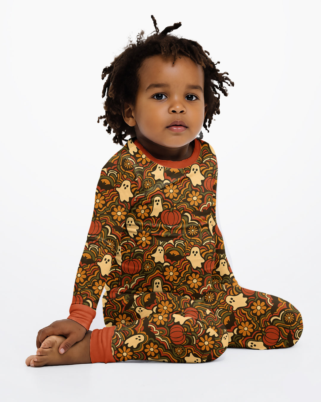 Retro Halloween Ghost Pumpkin Floral Bamboo Two Piece Long Sleeve Pajama Set