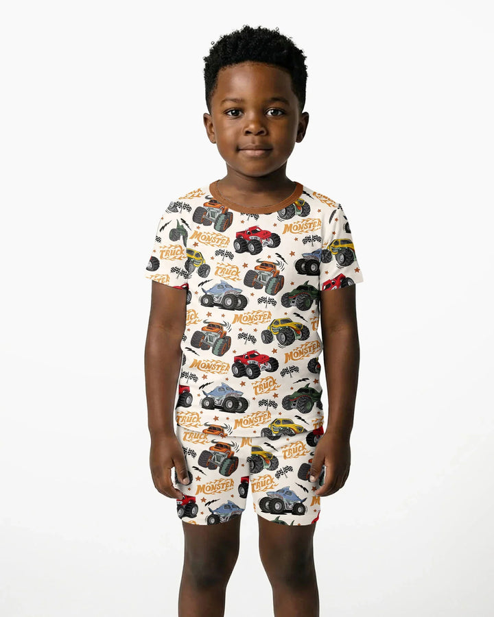 Vroom Vroom Monster Truck Bamboo Two Piece Short Sleeve Shorts Pajama Set