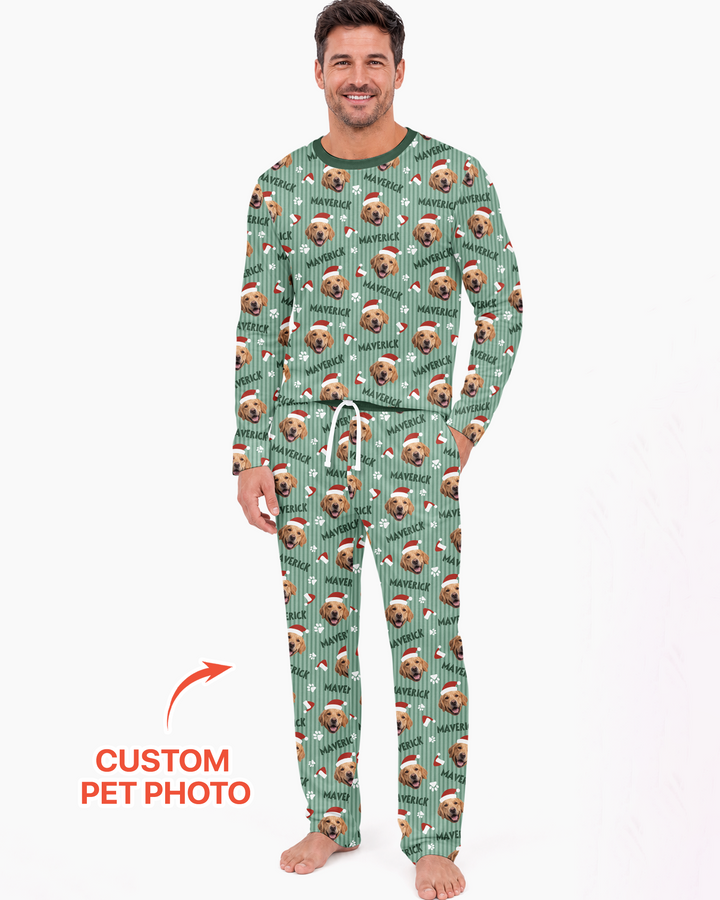 Custom Pet Photo Christmas Paws Stripe Bamboo Men's Pajama Set