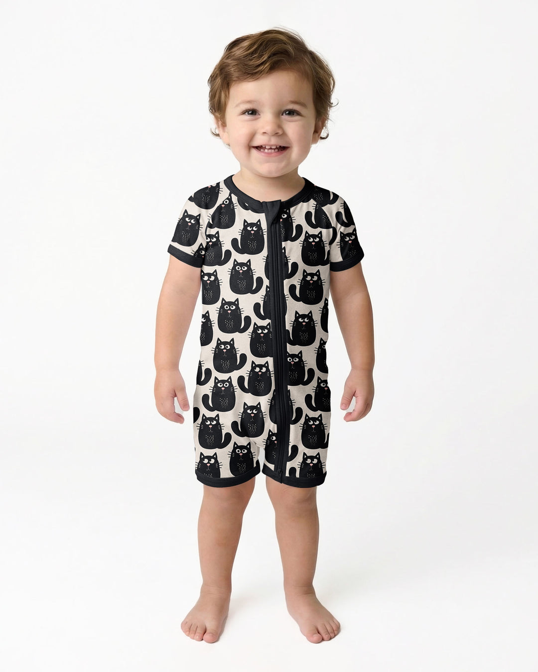 Moody Black Cats in Black and White Bamboo Shorty Zippy