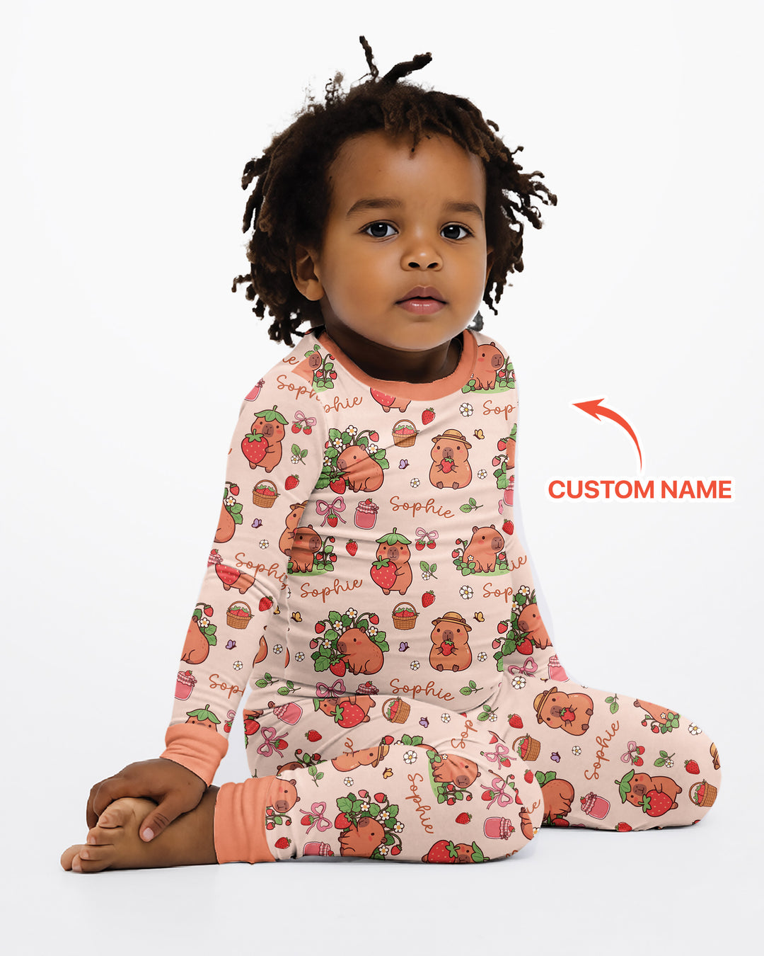 Custom Name Capybara Strawberry Bamboo Two Piece Long Sleeve Pajama Set