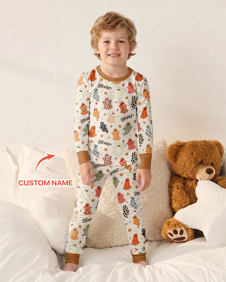 Custom Name Fall Ghost Bamboo Two Piece Long Sleeve Pajama Set