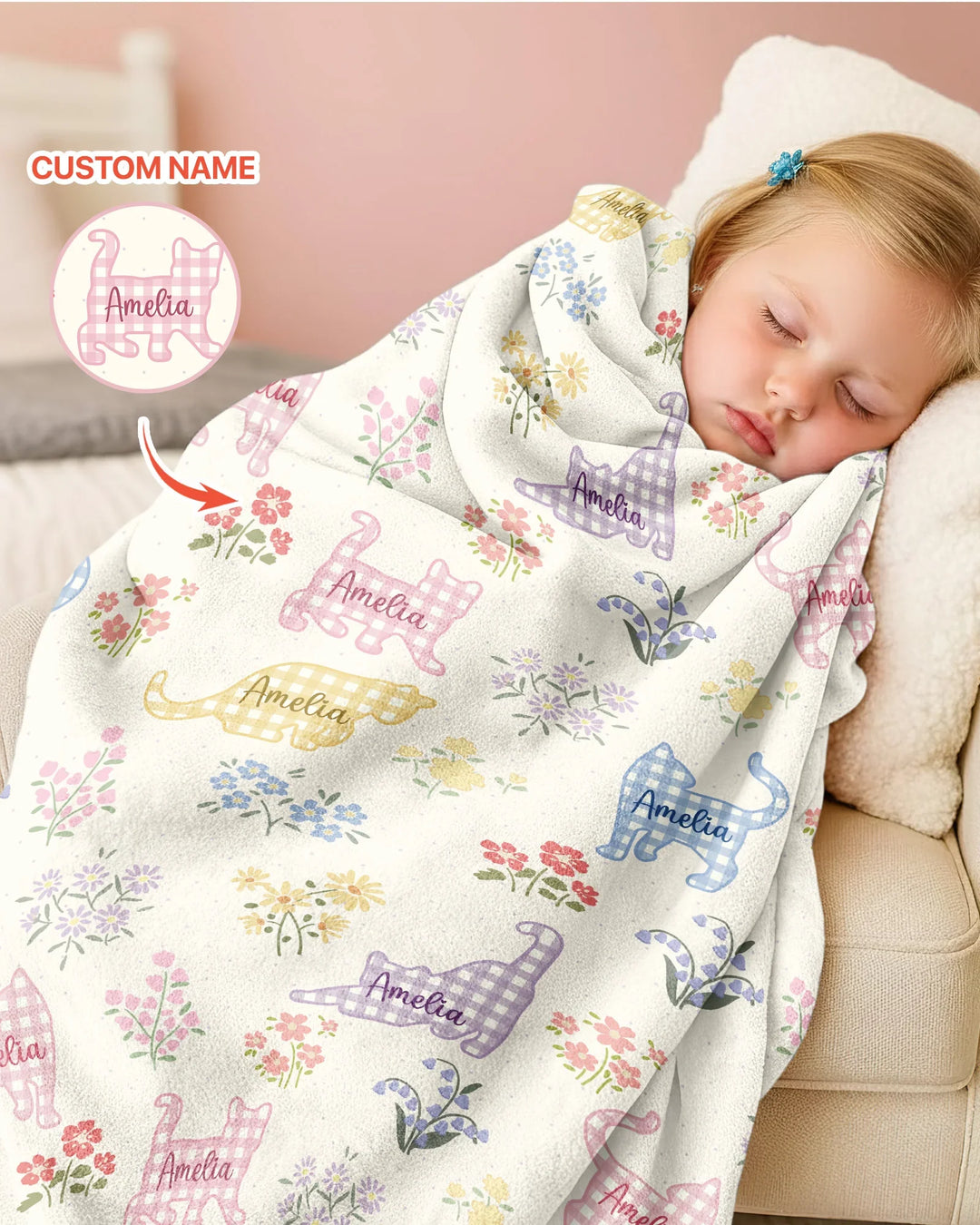 Gingham Cats Custom Name Bamboo Blanket