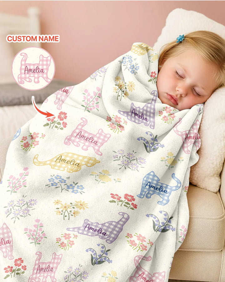 Gingham Cats Custom Name Bamboo Blanket