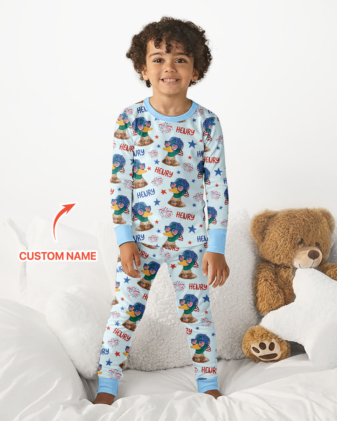 Custom Name Patriotic Mallard Duck Bamboo Two Piece Long Sleeve Pajama Set