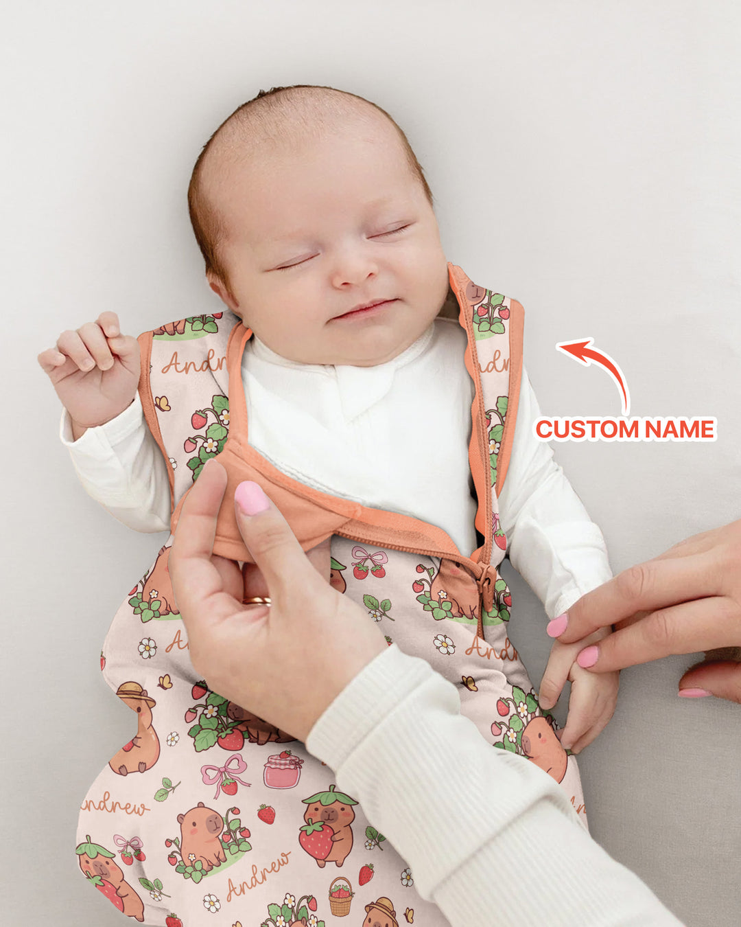 Custom Name Capybara Strawberry Bamboo Sleep Bag