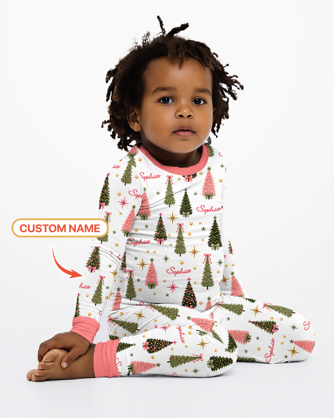 Custom Name Merry Christmas Tree Bamboo Two Piece Long Sleeve Pajama Set