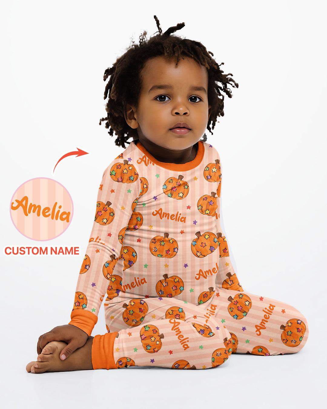 Colorful Star Pumpkin Custom Name Bamboo Two Piece Long Sleeve Pajama Set