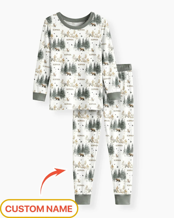Custom Name Forest Bear Deer Bamboo Two Piece Long Sleeve Pajama Set