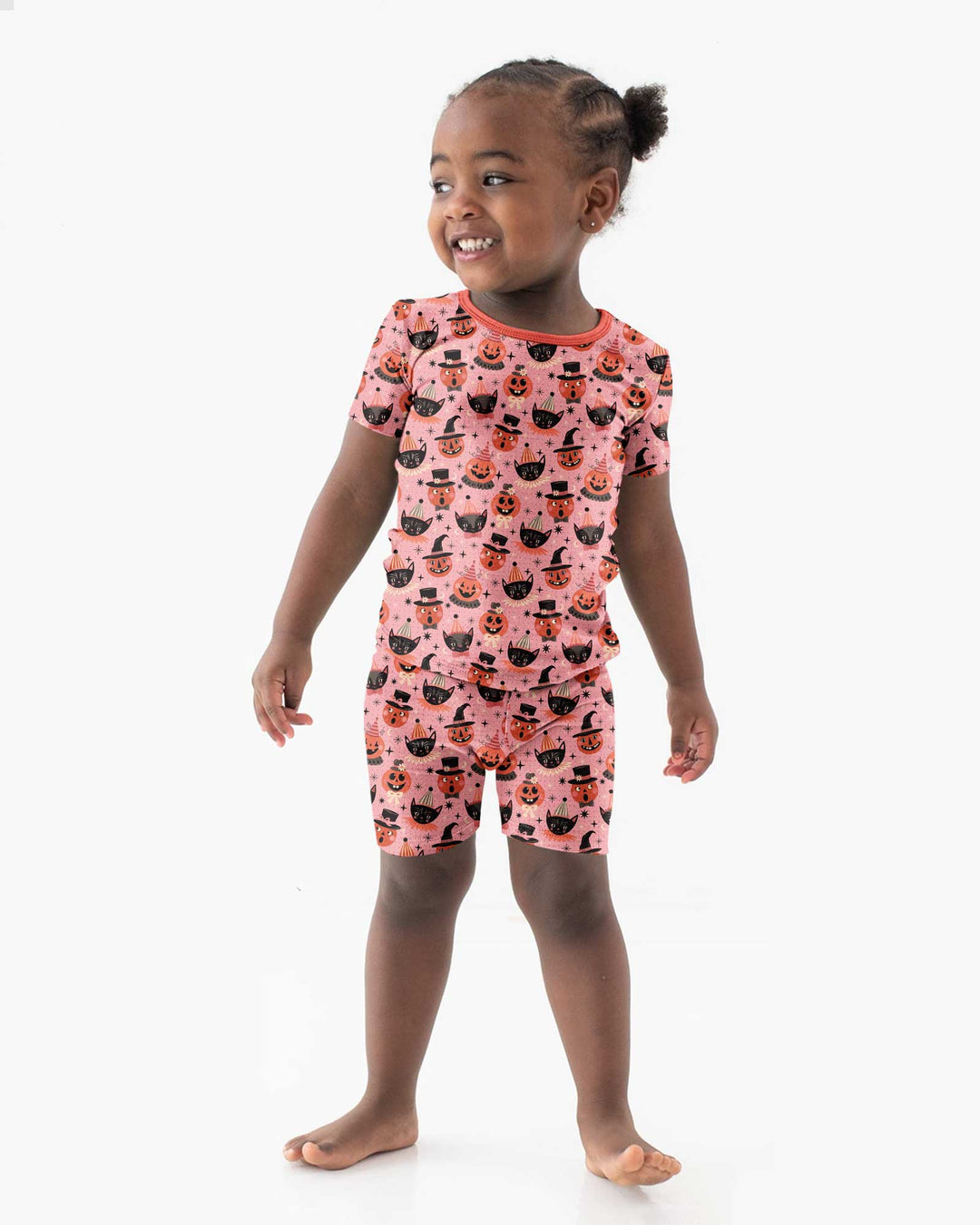 Retro Halloween Cats and Funny Pumpkins Bamboo Two Piece Short Sleeve Shorts Pajama Set
