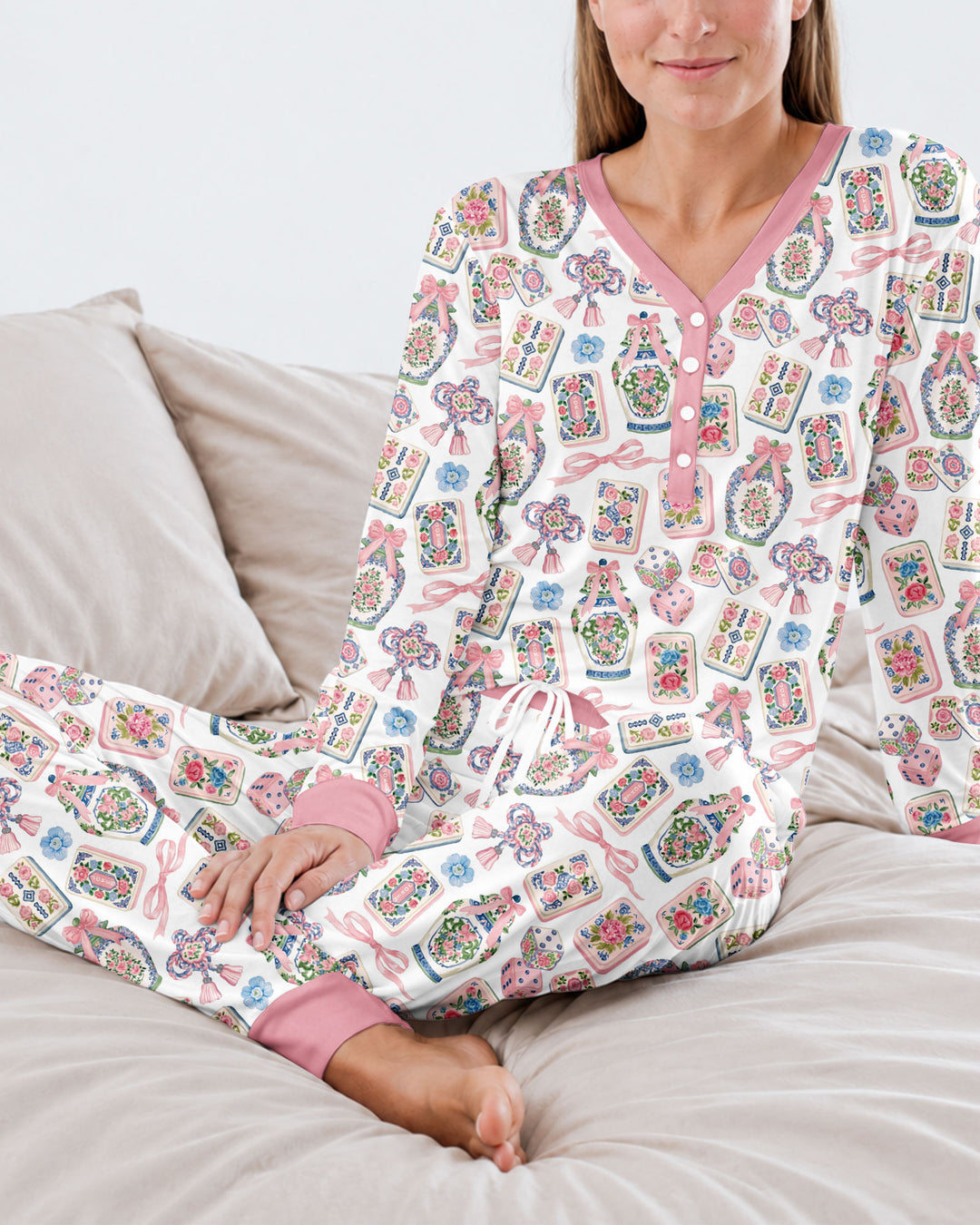 Chinoiserie Mahjong Mommy & Me Matching Bamboo Women Pajama Set