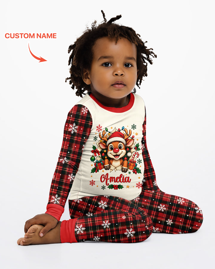 Cute Reindeer in Santa Hat Bamboo Two Piece Long Sleeve Pajama Set