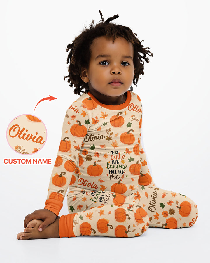 Custom Name I'm So Cute Even Leaves Fall for Me Bamboo Two Piece Long Sleeve Pajama Set