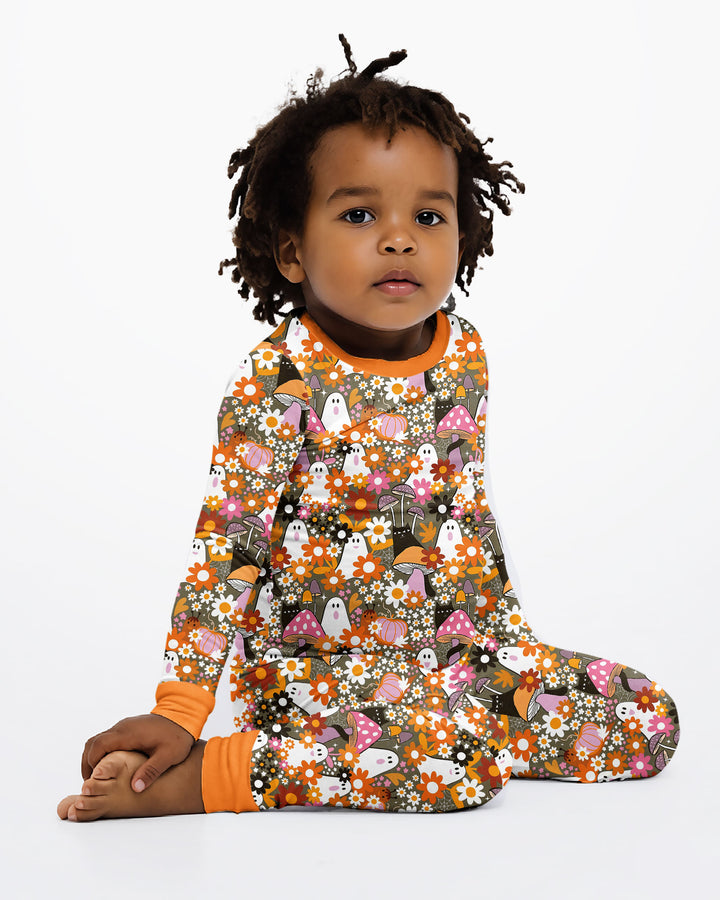 Retro Ghost Mushroom Floral Halloween Bamboo Two Piece Long Sleeve Pajama Set