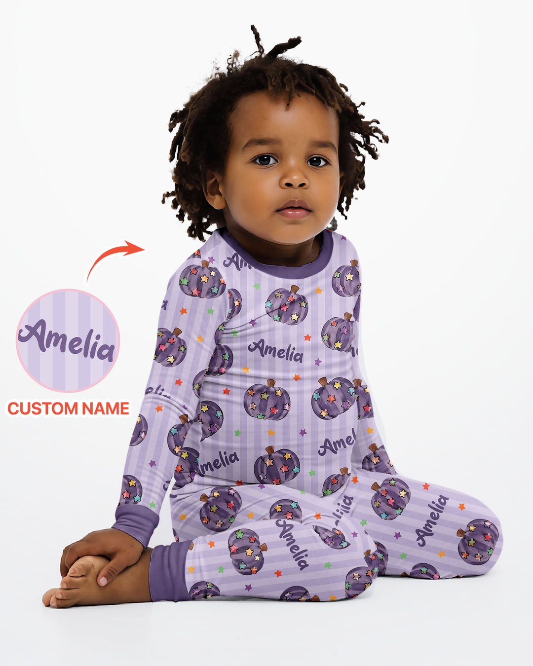 Colorful Star Pumpkin Custom Name Bamboo Two Piece Long Sleeve Pajama Set