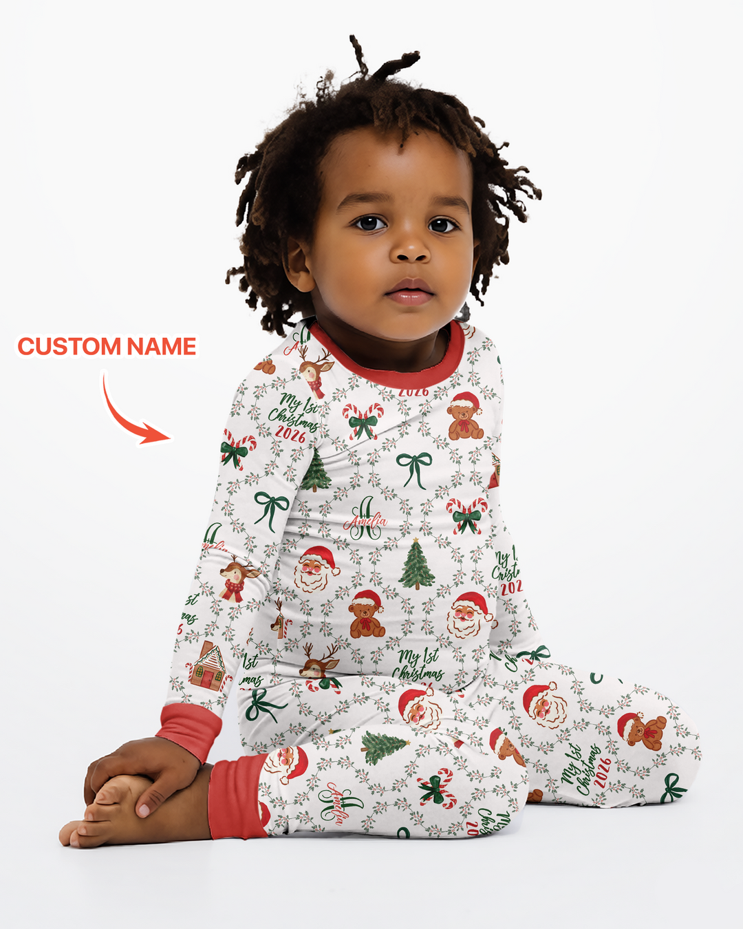 Custom name "Fancy Monogram Red Christmas 2026" Bamboo Two Piece Long Sleeve Pajama Set