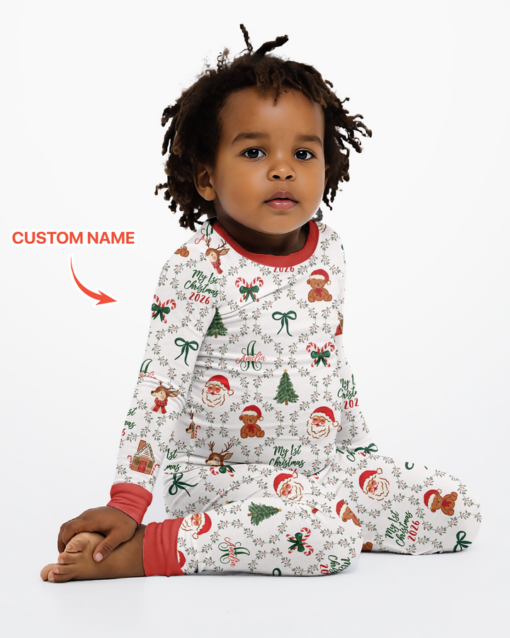 Custom name "Fancy Monogram Red Christmas 2026" Bamboo Two Piece Long Sleeve Pajama Set