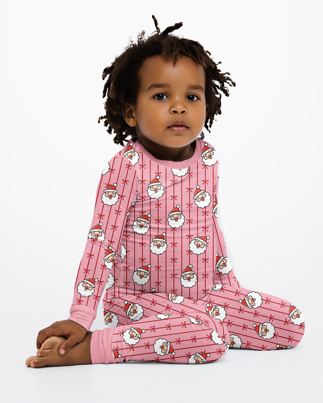 Pink Santa Bow Stripe Christmas Bamboo Two Piece Long Sleeve Pajama Set
