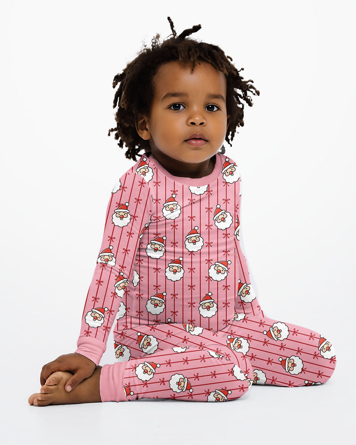 Pink Santa Bow Stripe Christmas Bamboo Two Piece Long Sleeve Pajama Set