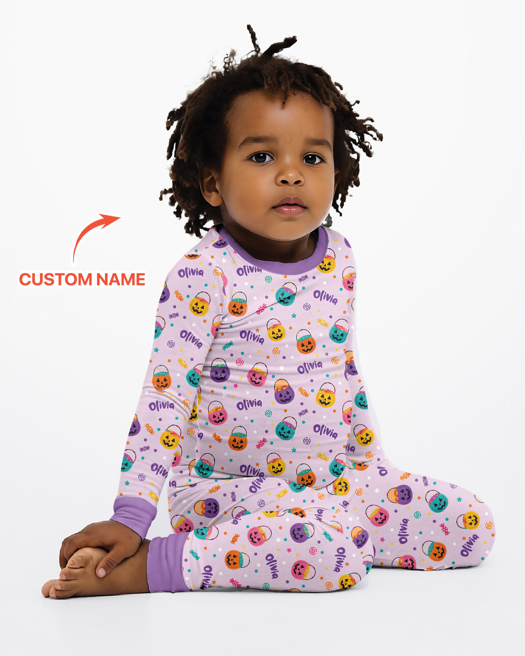 Custom Colorful Trick Or Treat Halloween Candy Bag Bamboo Two Piece Long Sleeve Pajama Set