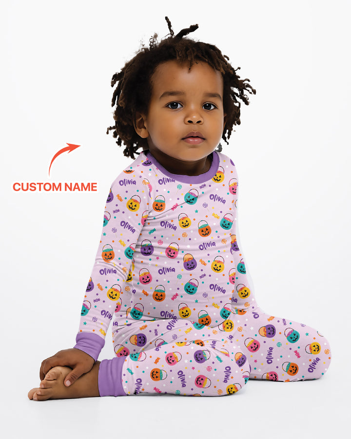Custom Colorful Trick Or Treat Halloween Candy Bag Bamboo Two Piece Long Sleeve Pajama Set